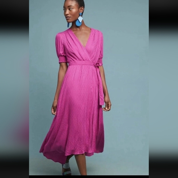 Anthropologie Rayon Maeve Breanna Wrap  Raspberry Midi Belted Lined Resort Dress - Picture 2 of 16
